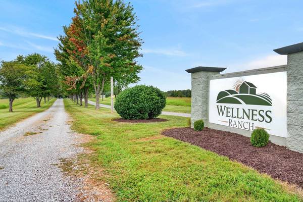 Entrance sign at the top of a gravel lane lined with maple trees and open grass