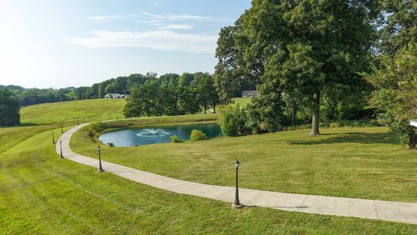 Paved walking path curving downhill across mown grass toward the pond and its shade trees