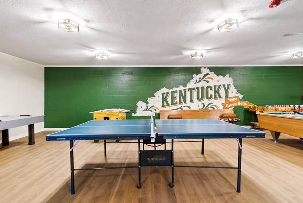 Blue table tennis table in the game room in front of a painted Kentucky mural on a green wall